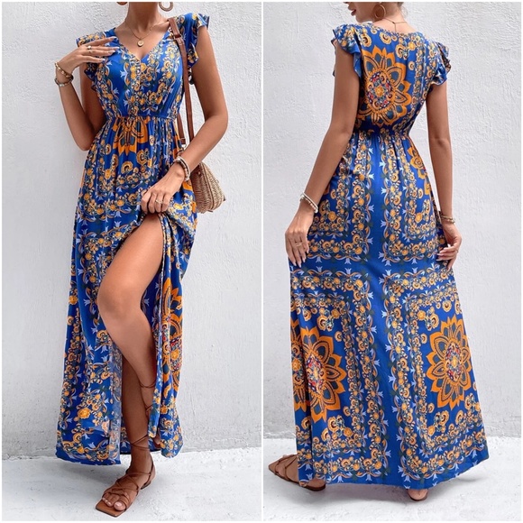 Boho Floral Print V neck Ruffle Sleeve Maxi Dress - Picture 3 of 9